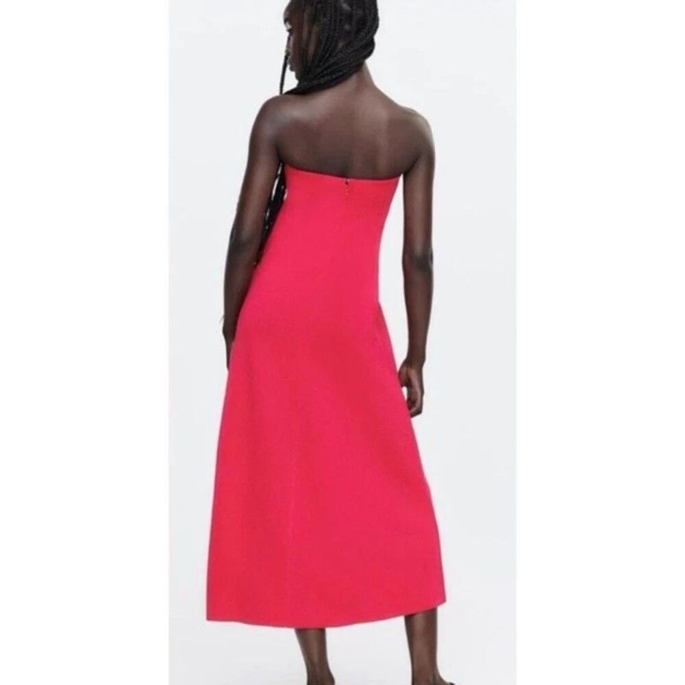 NEW ZARA Strapless Pink Maxi Dress Women Large Fuchsia Pink Fit Flare Knit - Picture 2 of 11